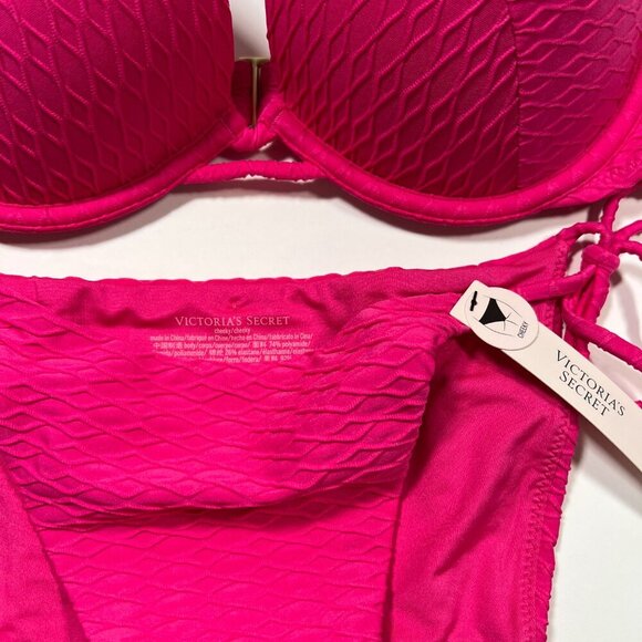 Victoria Secret 38C L Bombshell Push Up Bikini Top Bottom Set Textured Pink - Picture 3 of 9